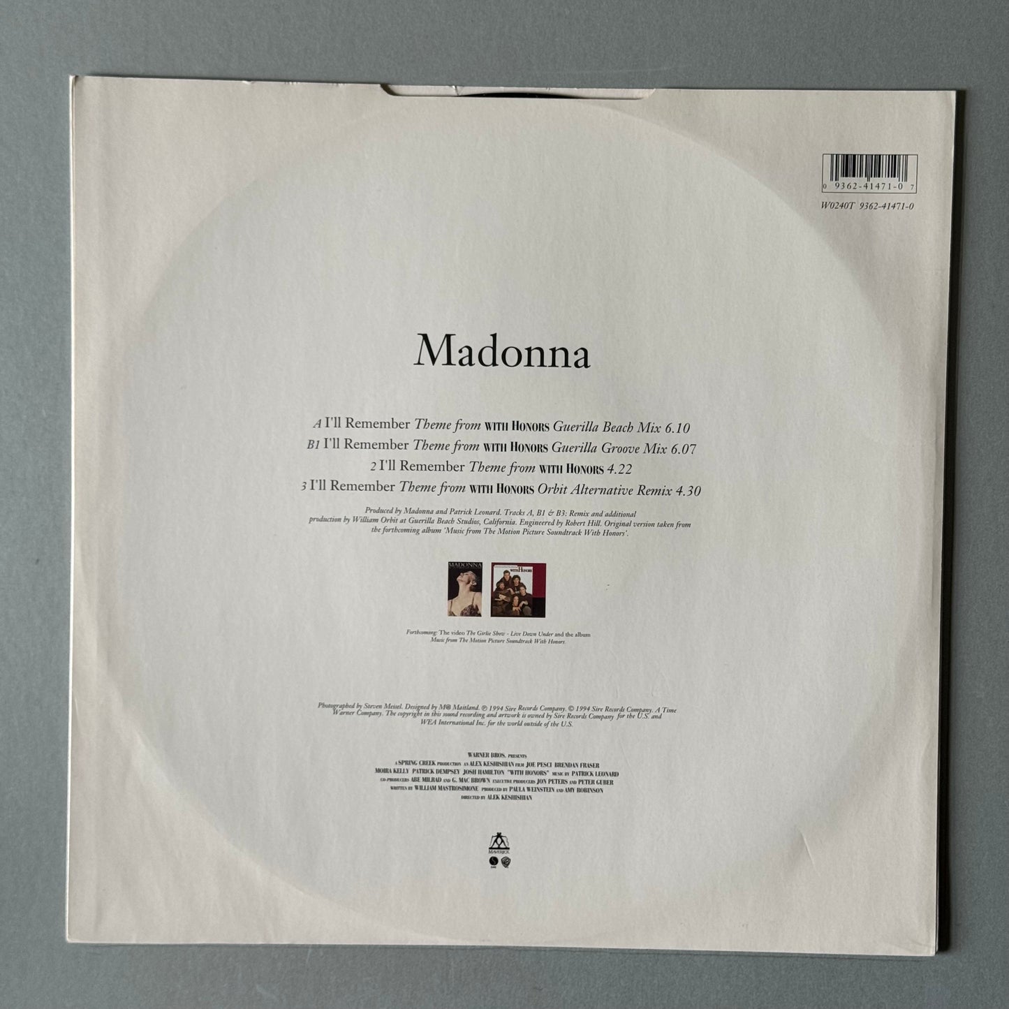 Madonna I’ll Remember (Theme from With Honors) UK 12” single
