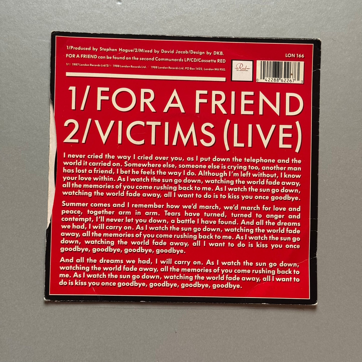 Communards For a Friend UK 7” single