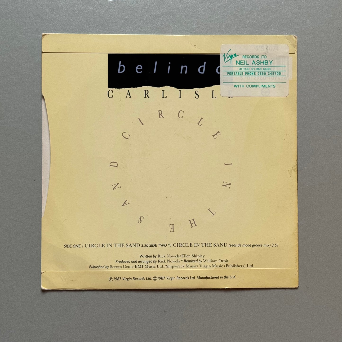 Belinda Carlisle Circle in the Sand UK 7” single