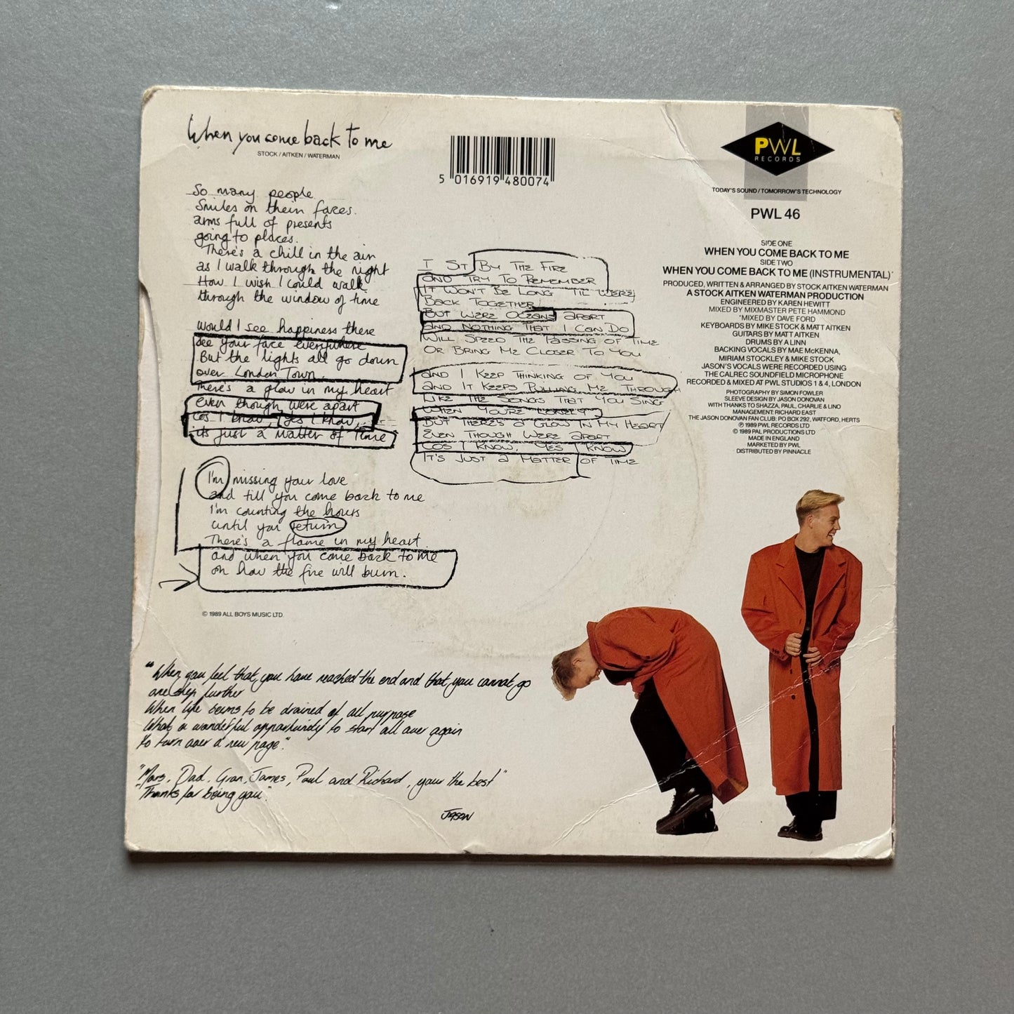 Jason Donovan When You Come Back to Me UK 7” single