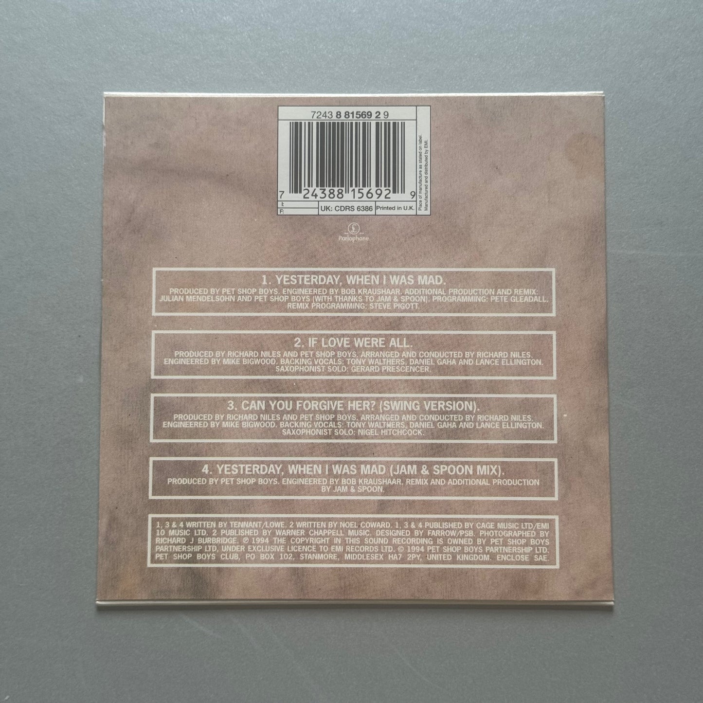 Pet Shop Boys Yesterday, When I Was Mad UK CD1 single
