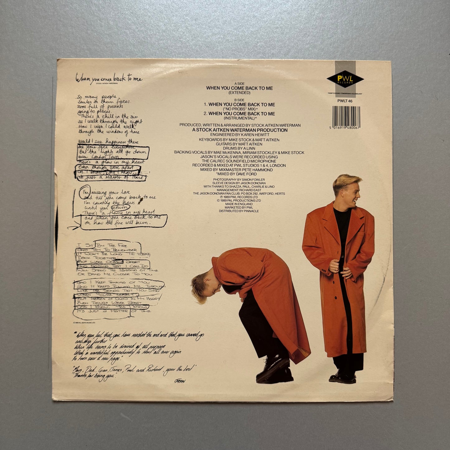 Jason Donovan When You Come Back to Me UK 12" single