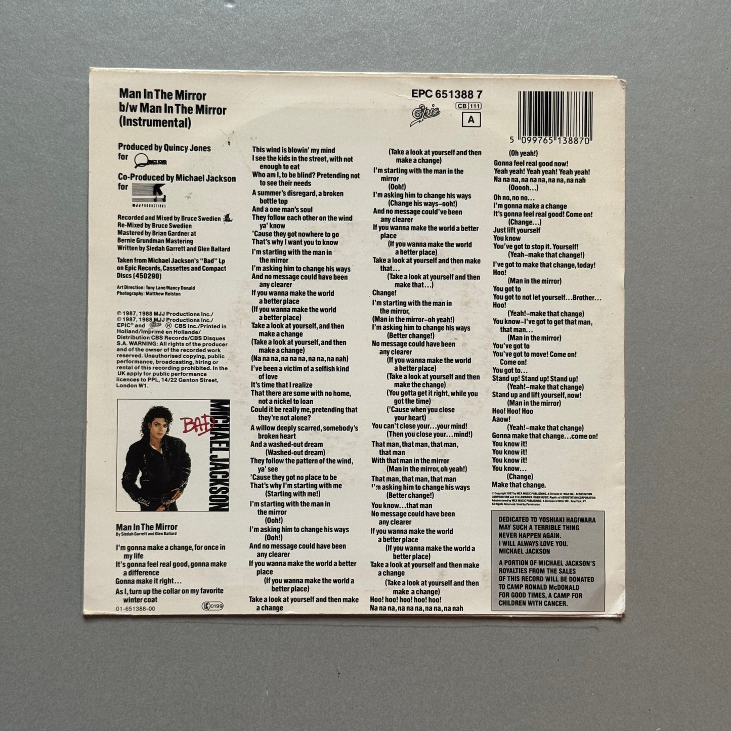 Michael Jackson Man in the Mirror UK 7” single