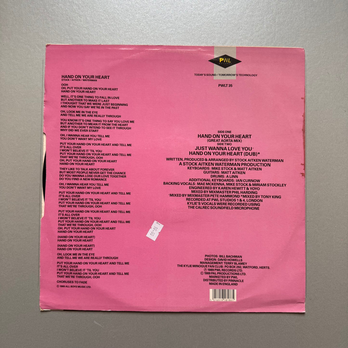 Kylie Minogue Hand on Your Heart UK 7” single