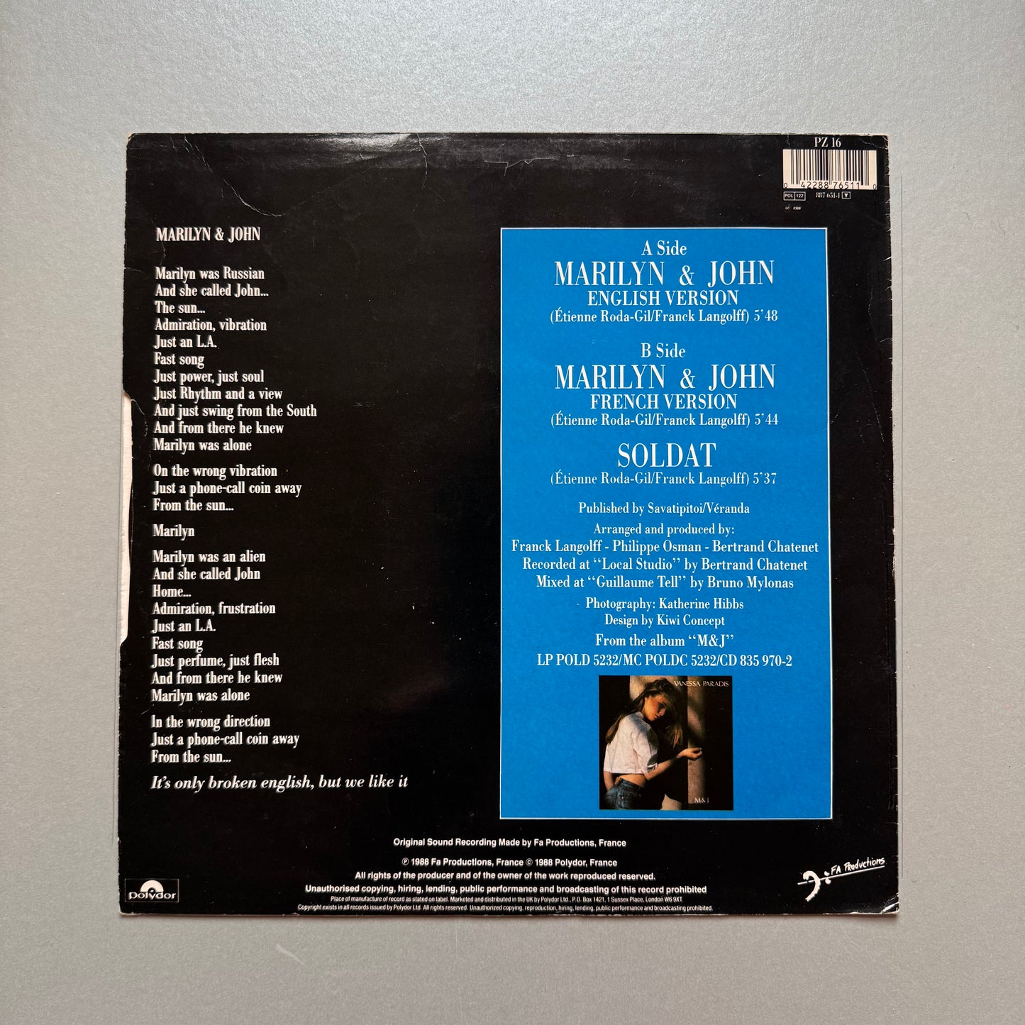 Vanessa Paradis Marilyn and John UK 12" single